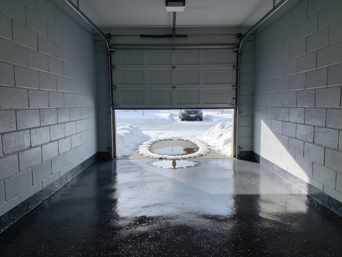 A single-bay attached garage with a charcoal full-flake floor coating, the overhead door open onto plowed snow and a ring of drying meltwater on the floor