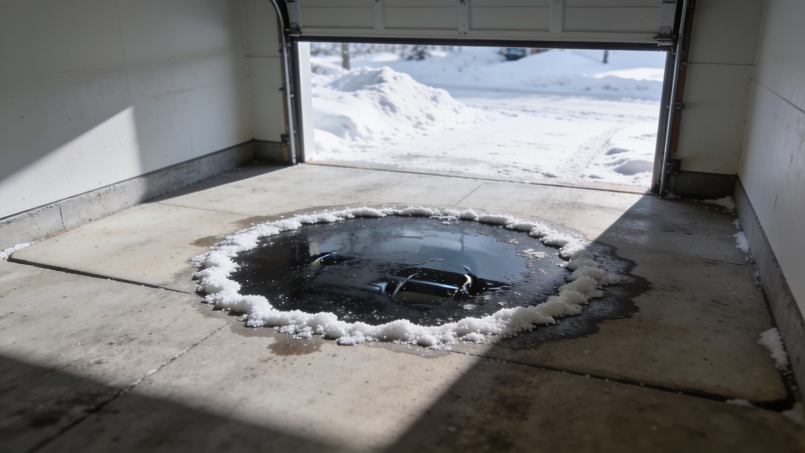 A bare garage floor in deep winter, a dark ring of salt-laden meltwater dried where a car has stood with white salt crust rimming the edge, plowed snow through the open door