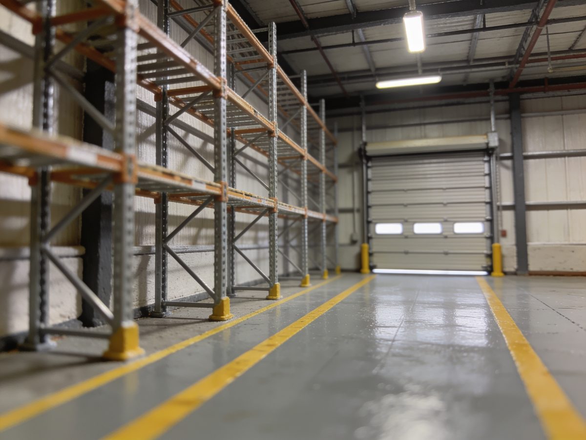 A warehouse bay with a high-build epoxy floor, steel racking and yellow safety lane striping