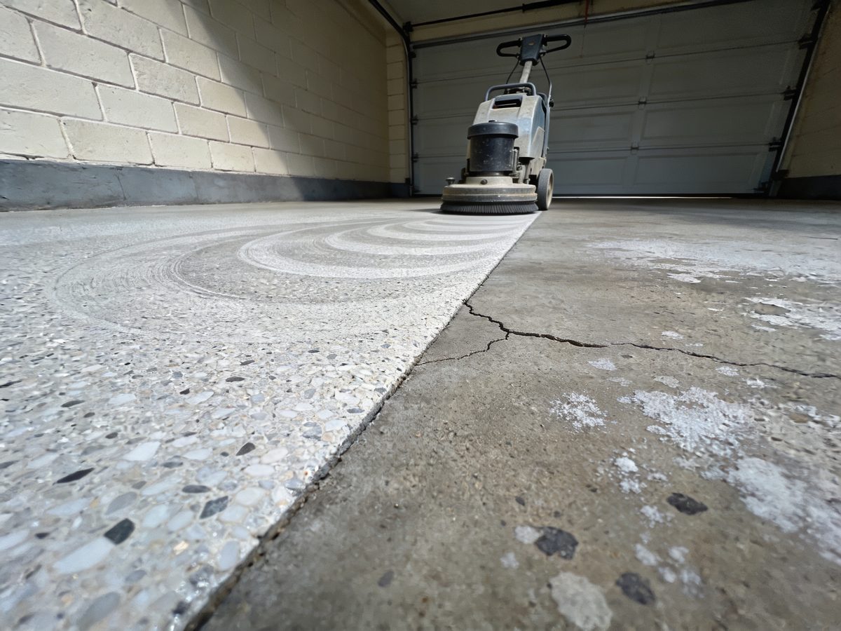 A slab part way through diamond grinding, freshly ground concrete meeting old salt-scaled concrete with a hairline crack