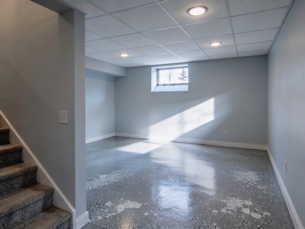 A basement lower level with a cool grey and white flake floor coating, a carpeted stair and an egress window well throwing pale winter daylight across the floor